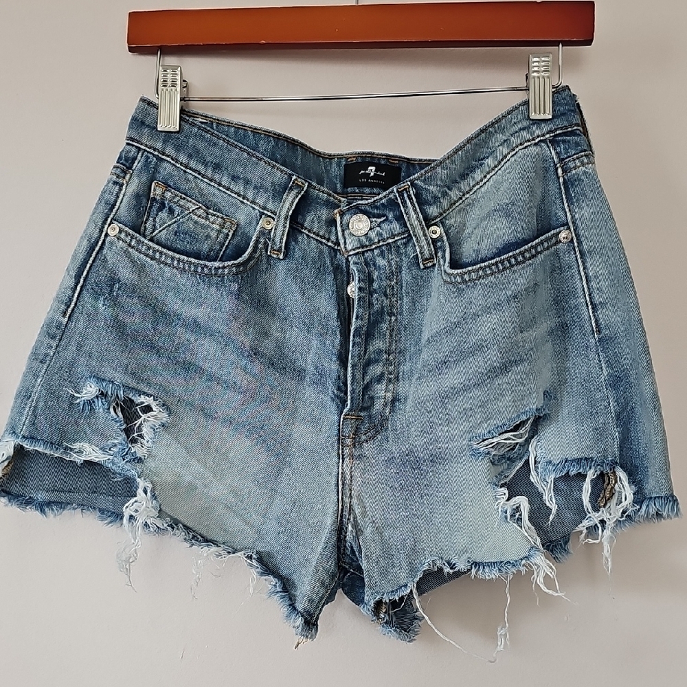 7 For All Mankind Distressed Jean Shorts with Raw Hem